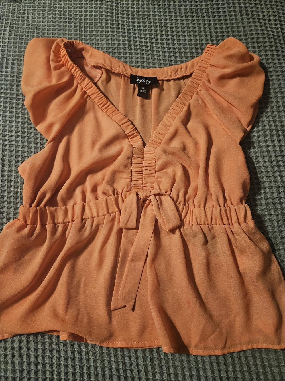 by & by Peach-Orange Ruffle Sleeve V-Neck Tie-Waist Blouse